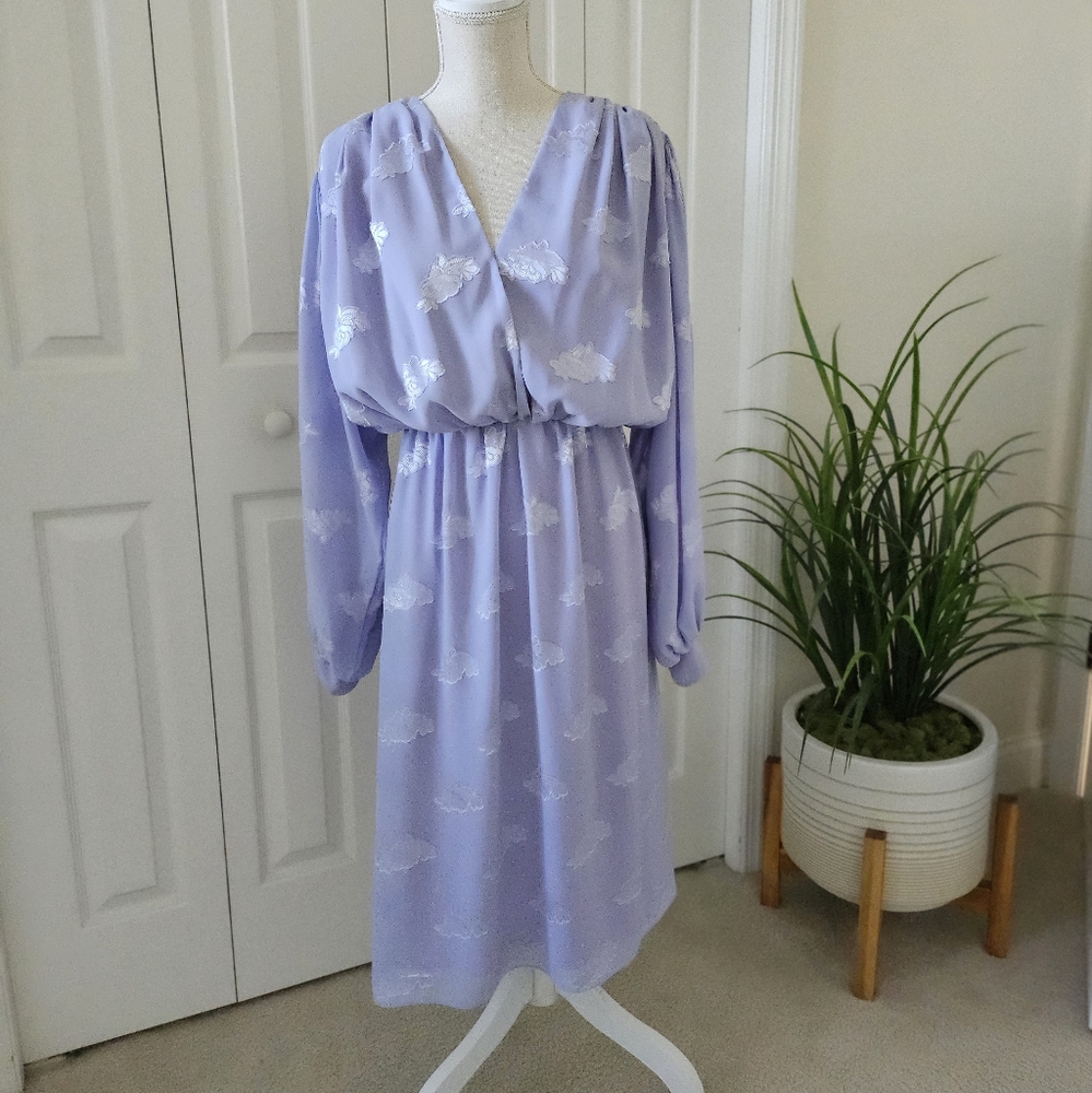 Vintage 80s Poet Long Sleeve Lavender Floral Midi Dress